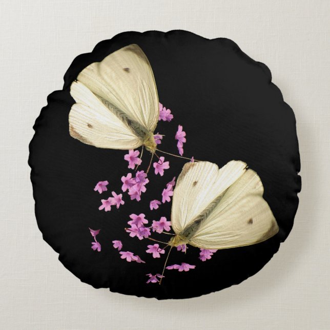 Butterfly on Flowers Round Throw Pillow (Front)