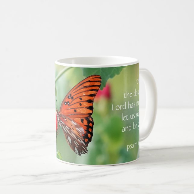 Butterfly on flowers, w Verse from Psalm 118:24 Coffee Mug (Front Right)