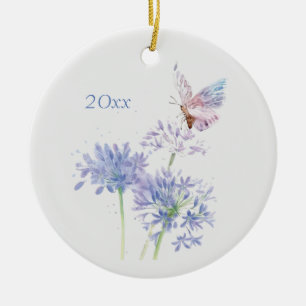 Butterfly on Garden Flowers Floral Watercolor Art Ceramic Ornament