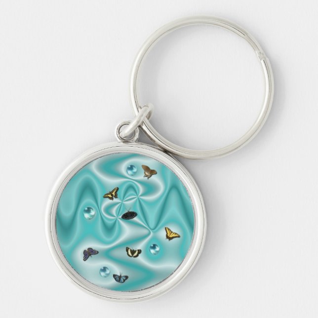Butterfly on green Silk with Pearls Key Ring (Front)