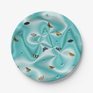 Butterfly on green Silk with Pearls Paper Plate
