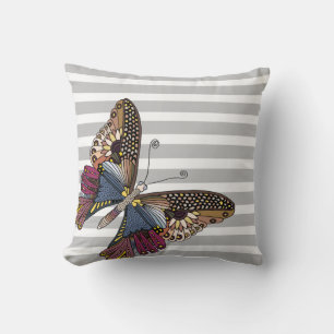 Butterfly on Grey & White Stripes Cushion