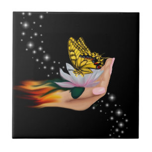 Butterfly on Lotus Bloom Ceramic Tile