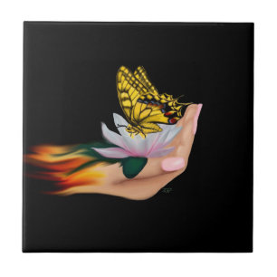 Butterfly on Lotus Bloom Ceramic Tile