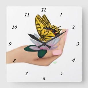 Butterfly on Lotus bloom in Hand Square Wall Clock