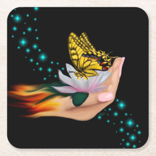 Butterfly on Lotus Bloom Square Paper Coaster