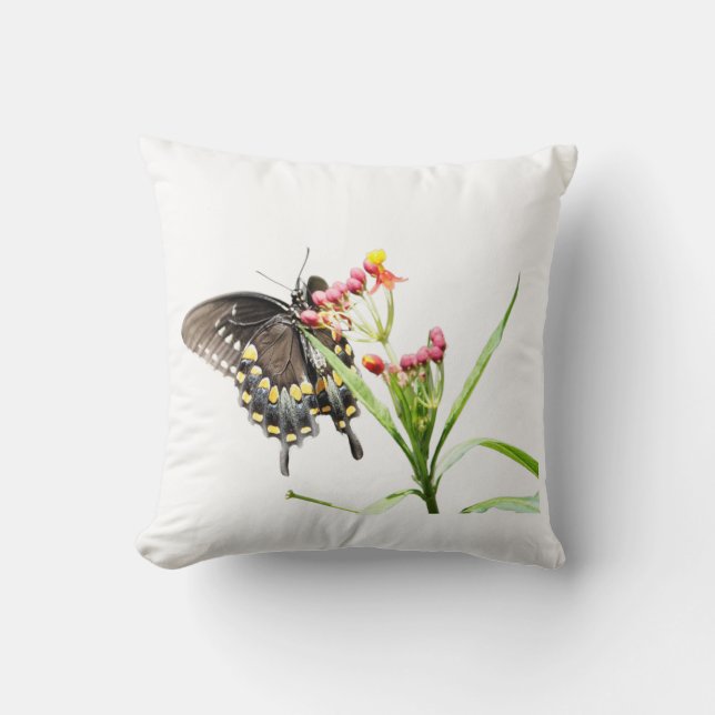 Butterfly on Milkweed Blooms, White Cushion (Front)