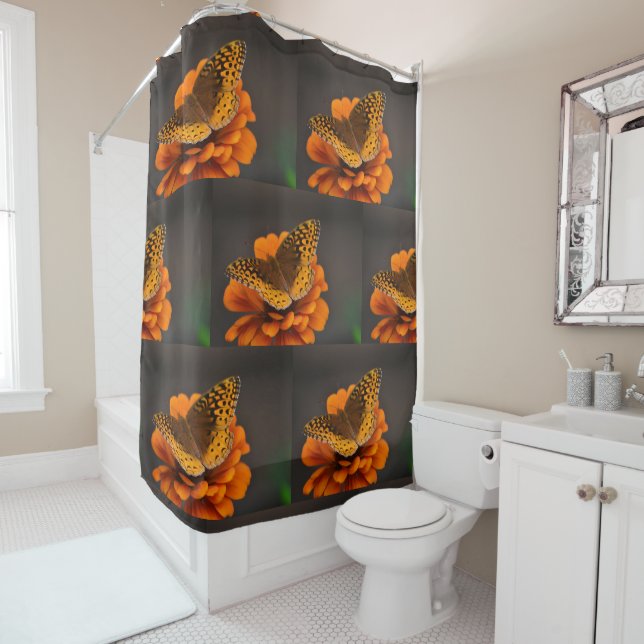 Butterfly On Orange Zinnia Pattern Shower Curtain (In Situ)