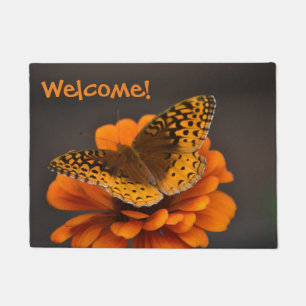 Butterfly On Orange Zinnia Welcome Mat