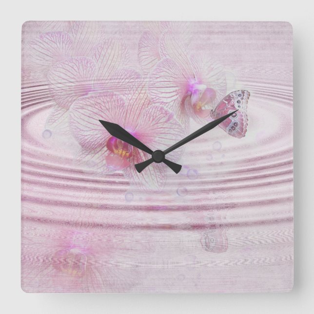 Butterfly On Orchid Square Wall Clock (Front)