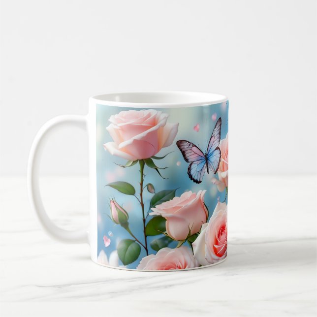 Butterfly On Pink Flower Coffee Mug (Left)