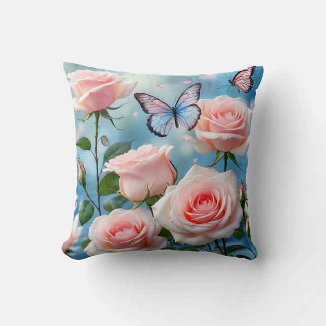 Butterfly On Pink Flower Cushion (Front)