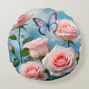 Butterfly On Pink Flower Round Cushion