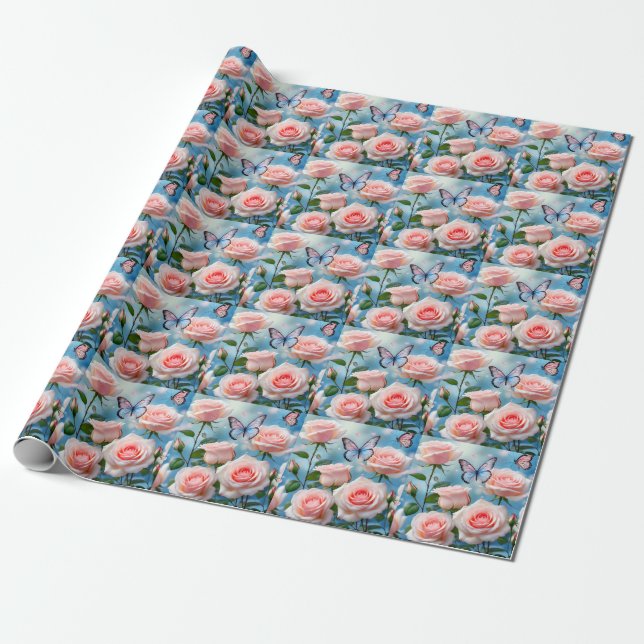 Butterfly On Pink Flower Wrapping Paper (Unrolled)