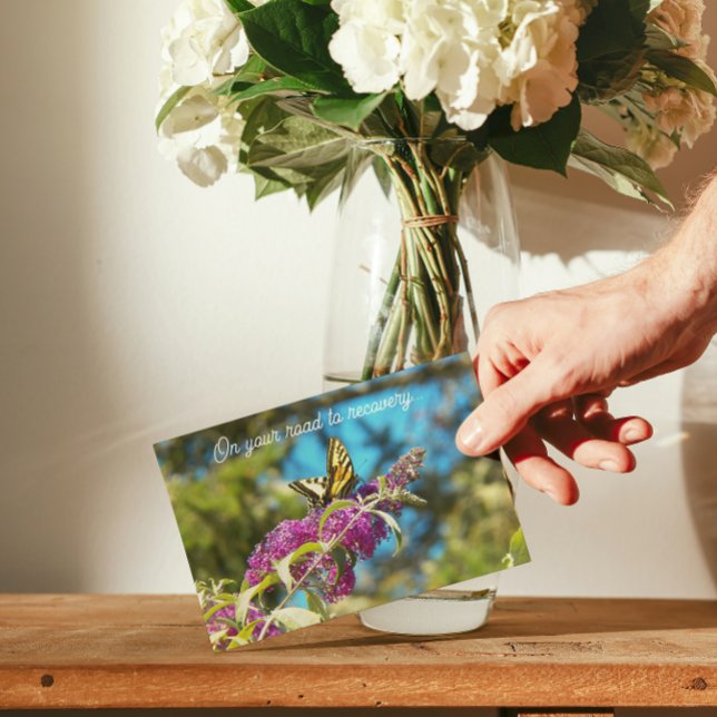 Butterfly on Pink Flowers Get Well Card (In Situ)