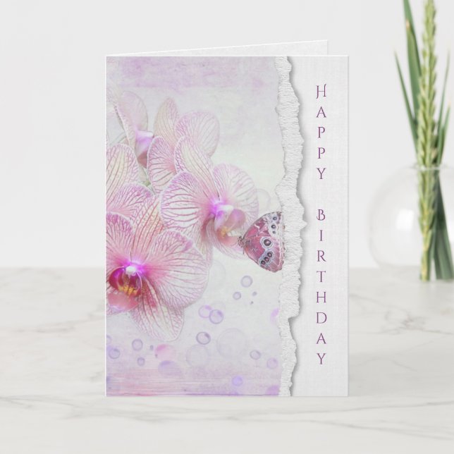 butterfly on pink orchid with bubbles card (Front)