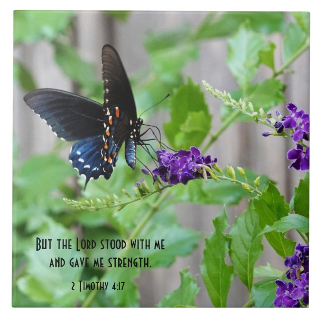Butterfly on Purple Flowers w/ Scripture Verse Ceramic Tile (Front)