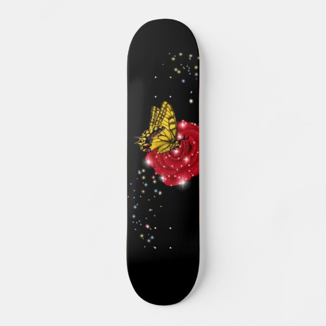 Butterfly on red rose with asterisks rain drops skateboard (Front)