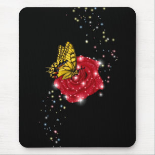 Butterfly on red rose with asterisks raindrops mouse pad