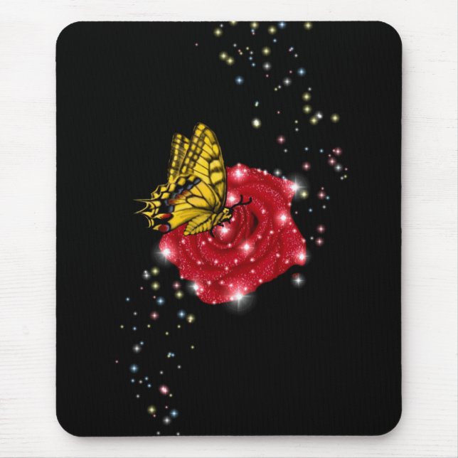 Butterfly on red rose with asterisks raindrops mouse pad (Front)