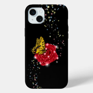 Butterfly on red Rose with Stars and Raindrops iPhone 15 Mini Case