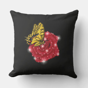 Butterfly on red Rose with Stars and Raindrops Cushion