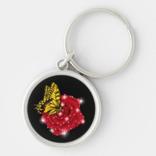 Butterfly on red Rose with Stars and Raindrops Key Ring