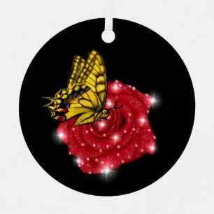Butterfly on red Rose with Stars and Raindrops Metal Tree Decoration