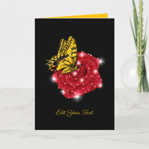 Butterfly on red Rose with Stars and Raindrops Note Card
