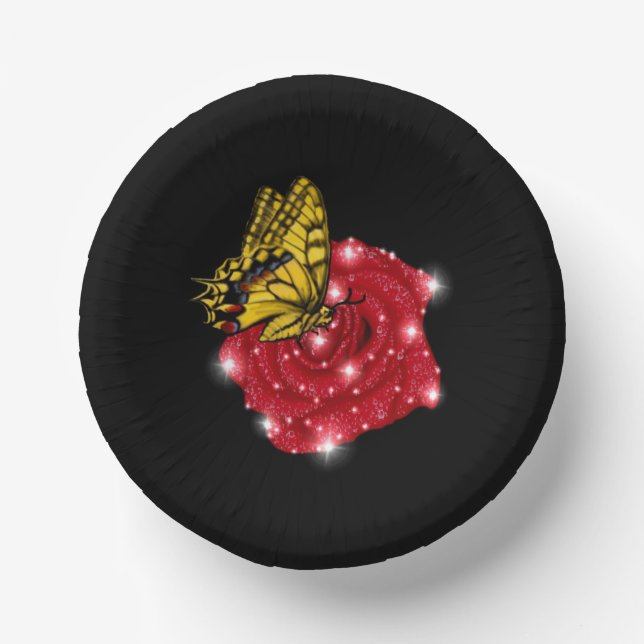 Butterfly on red Rose with Stars and Raindrops Paper Plate (Front)