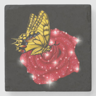 Butterfly on red Rose with Stars and Raindrops Stone Coaster