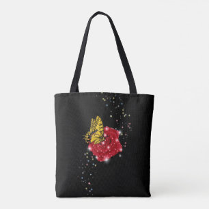 Butterfly on red Rose with Stars and Raindrops Tote Bag