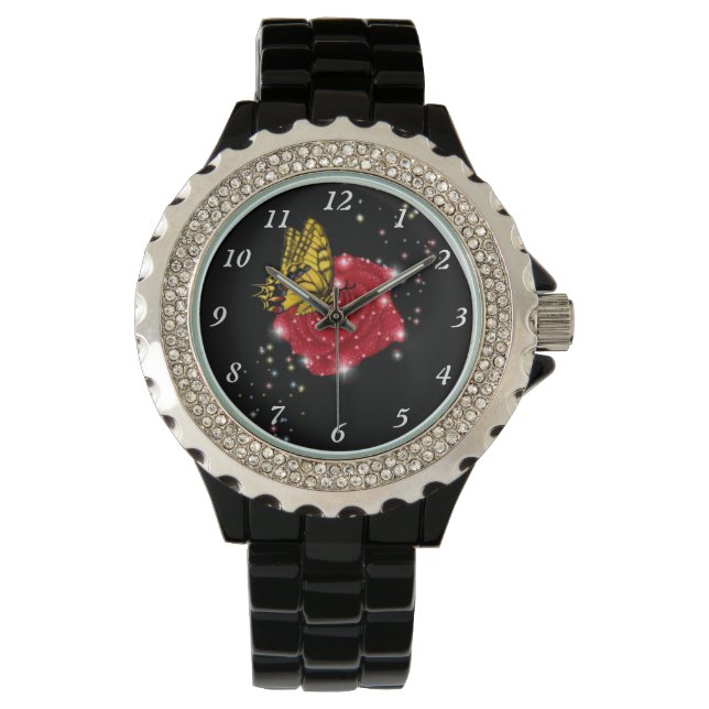 Butterfly on red Rose with Stars and Raindrops Watch (Front)