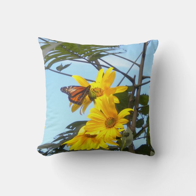 Butterfly on Sunflowers Throw Pillow (Front)