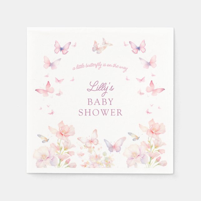 Butterfly on the Way Pink Flowers Baby Shower Napkin (Front)