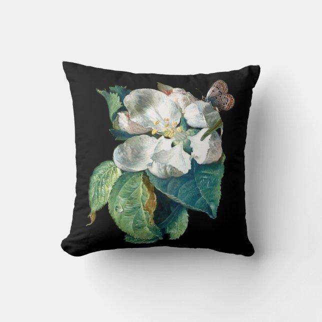 BUTTERFLY ON THE WHITE FLOWER , BLACK FLORAL CUSHION (Front)