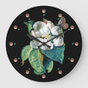 BUTTERFLY ON THE WHITE FLOWER BLACK FLORAL LARGE CLOCK