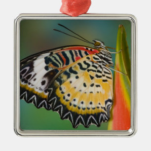 Butterfly on Tropical Flower Metal Ornament
