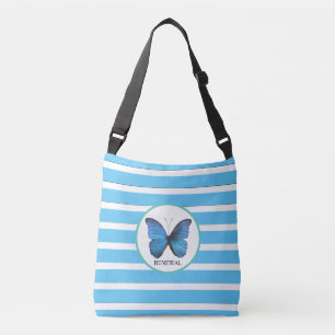 Butterfly on Turquoise and White Stripes Crossbody Bag