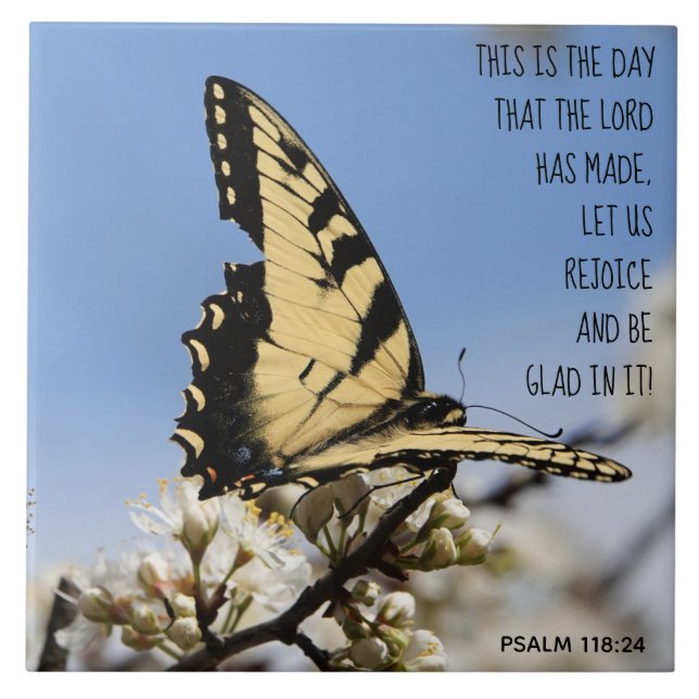 Butterfly on white blossom, verse Psalm 118:2 Ceramic Tile (Front)