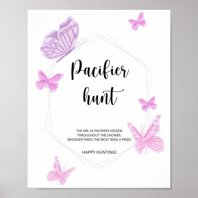 Butterfly pacifier hunt baby shower game poster (Front)