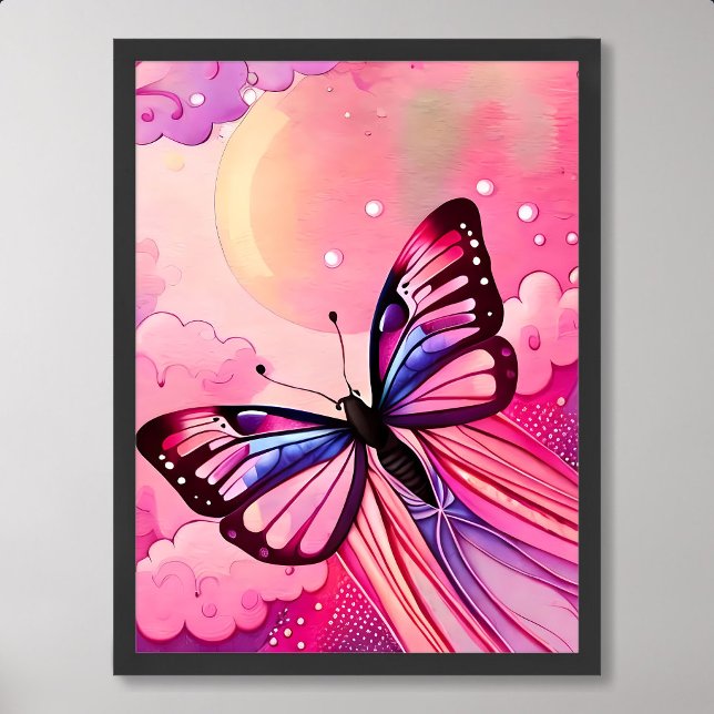 butterfly painting fly to cloud pink afternoon sun poster (butterfly painting fly to cloud pink afternoon sun)