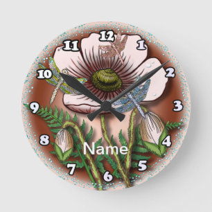 Butterfly pale Poppy flowers Round Clock