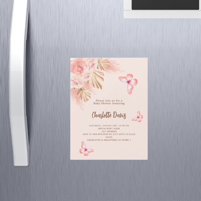 Butterfly pampas grass pink luxury Baby Shower Magnetic Invitation (Creator Uploaded)