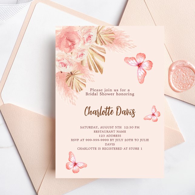Butterfly pampas grass pink luxury Bridal Shower Invitation (Creator Uploaded)