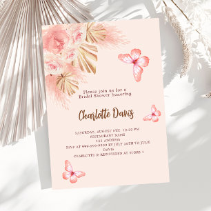 Butterfly pampas grass pink rose Bridal Shower Invitation