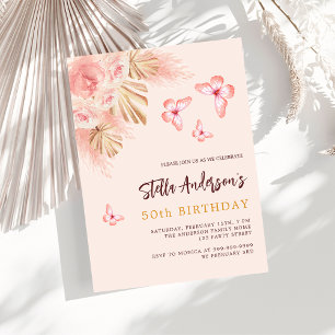 Butterfly pampas grass pink rose gold birthday invitation postcard