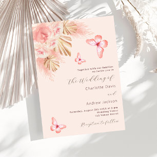 Butterfly pampas grass pink rose gold wedding invitation