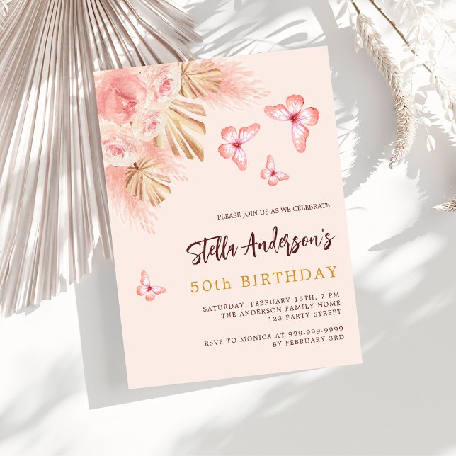 Butterfly pampas grass pink rose luxury birthday invitation (Creator Uploaded)