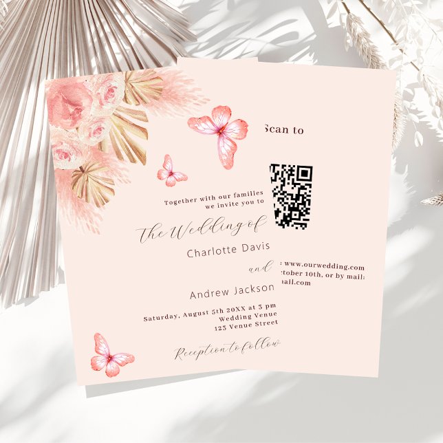 Butterfly pampas grass rose QR RSVP luxury wedding Invitation (Creator Uploaded)